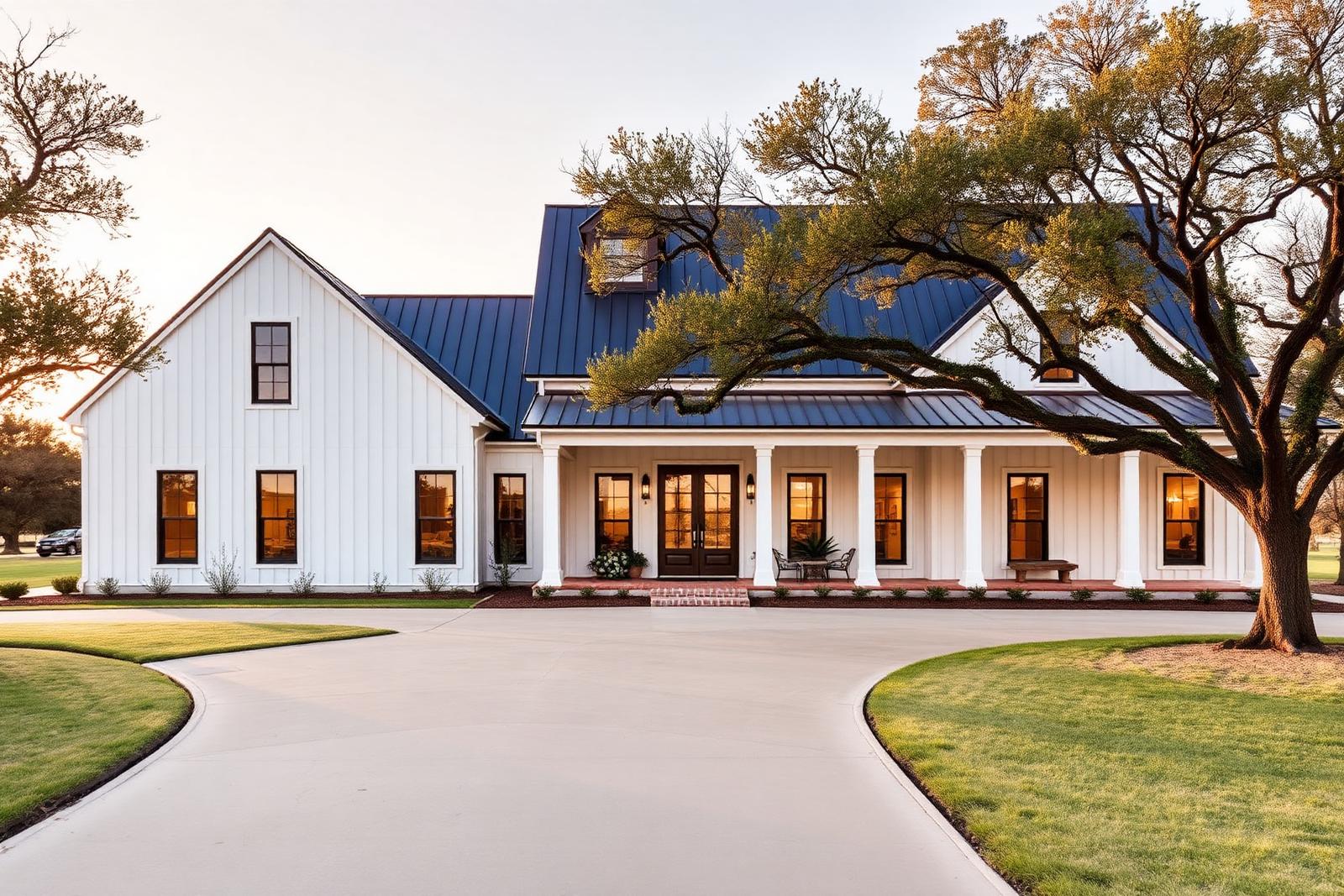 Luxury modern farmhouse estate home on acreage in Liberty Hill, Texas with wraparound porch at golden hour