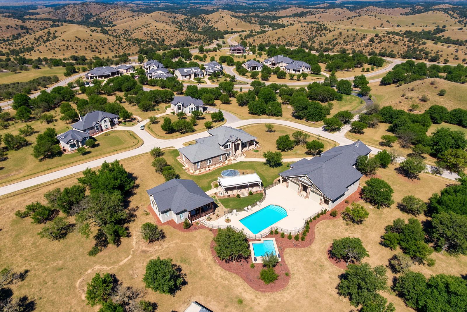Aerial view of a Liberty Hill master-planned community with larger lots, oak trees, and community amenity center
