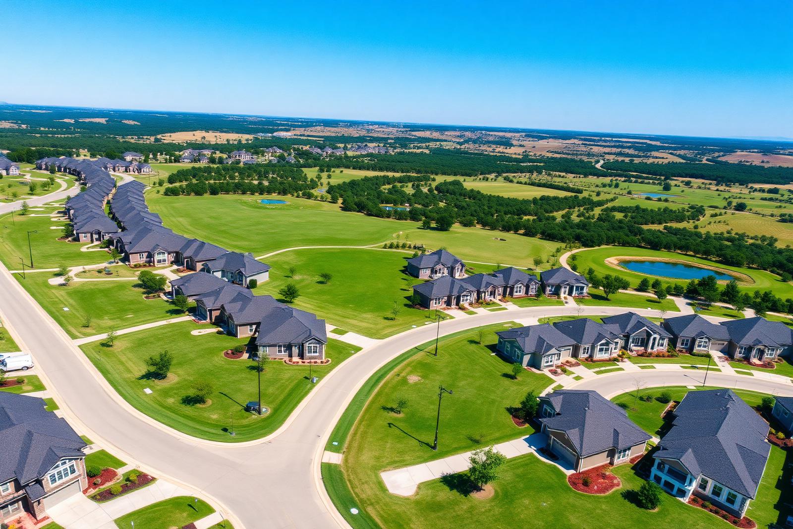 Aerial view of a new master-planned single-family community in Hutto, Texas with curving streets and a community pond