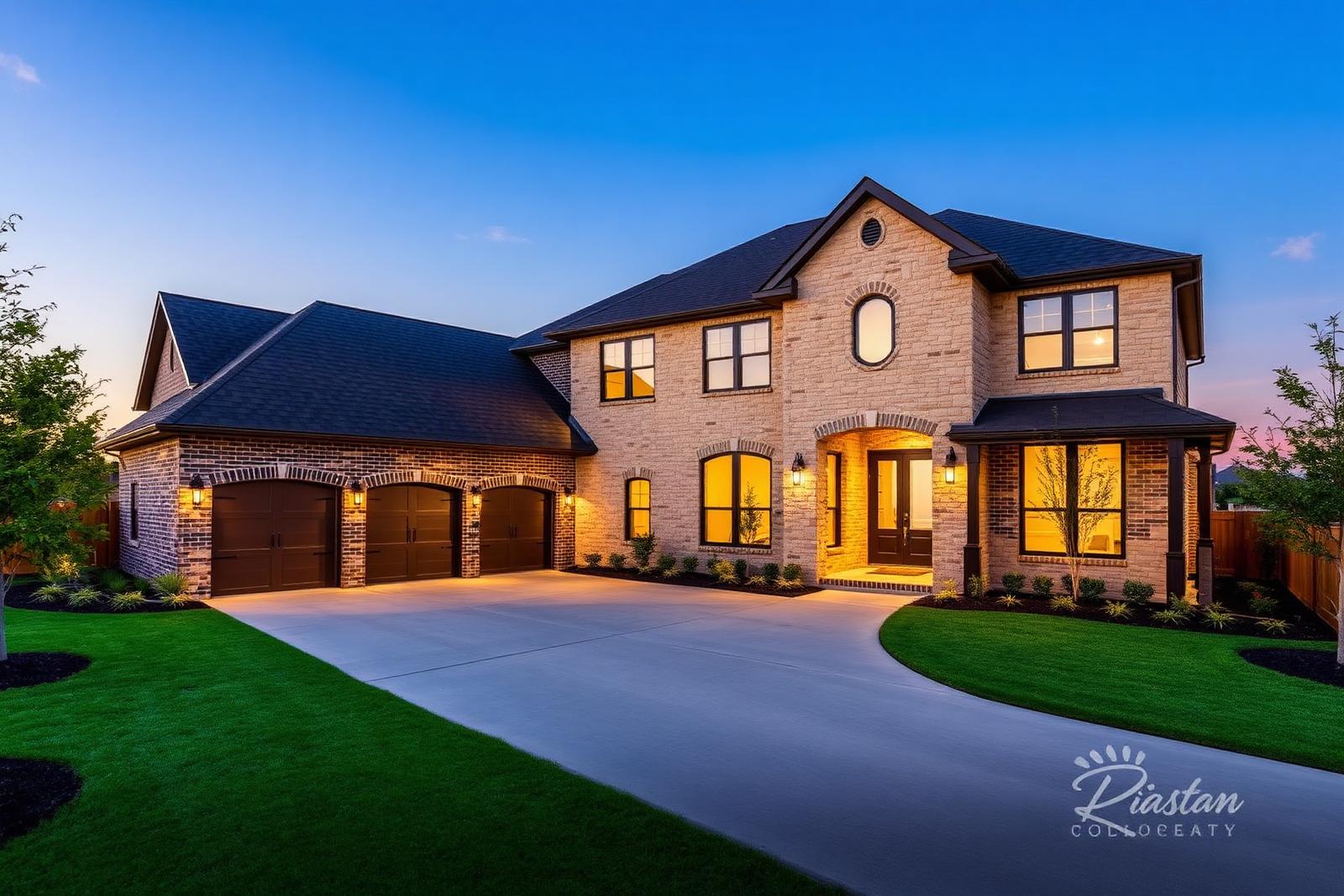 New-construction two-story luxury home in Hutto, Texas with limestone and brick exterior at dusk